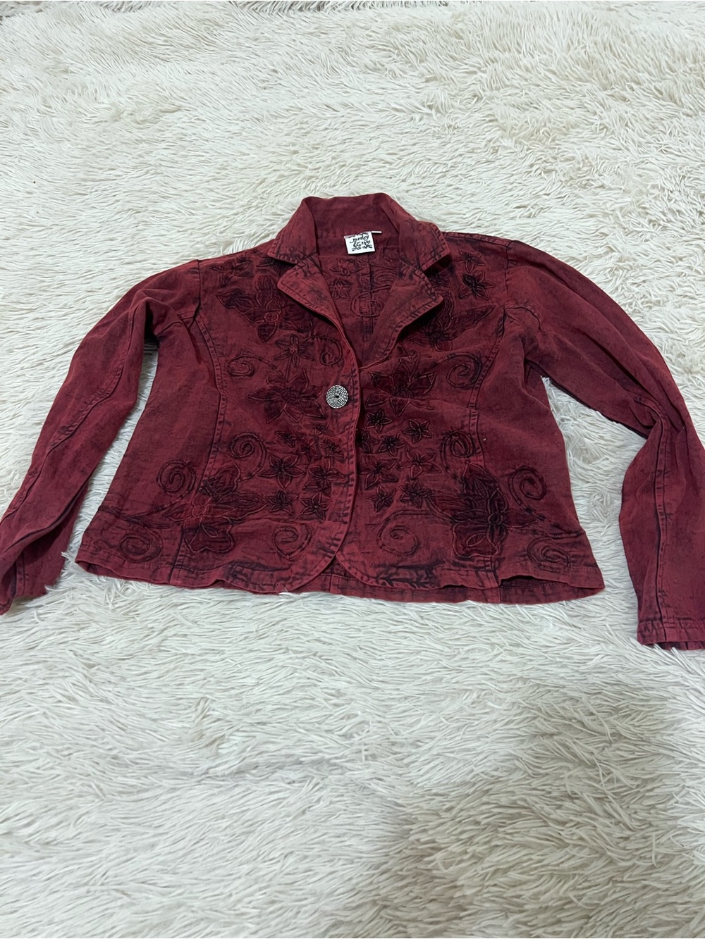 Parsley & Sage Embroidered Wine-Red Single-Button Blazer